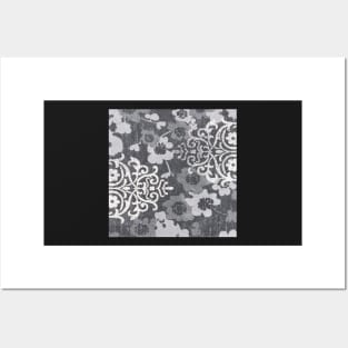 Floral Glam Damask Distressed Charcoal / Ivory Posters and Art